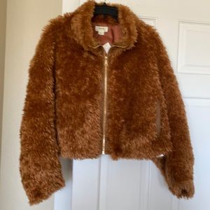 NWT Maeve Anthropologie Teddy Cropped Faux Fur Jacket Honey Tan Size L